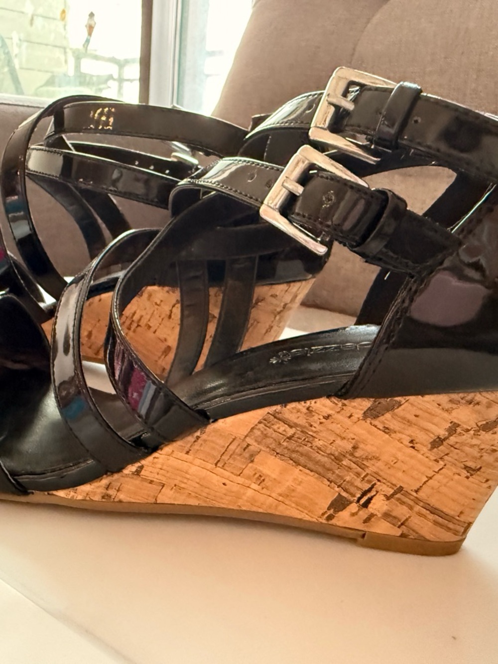 Shoe Dazzle Black Patent Cork Wedge Sandals with Double Buckles